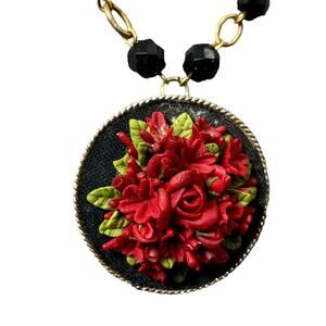Vintage Red Carved Rose Brooch Pin Gold Tone Textured Pendant Necklace Mexico